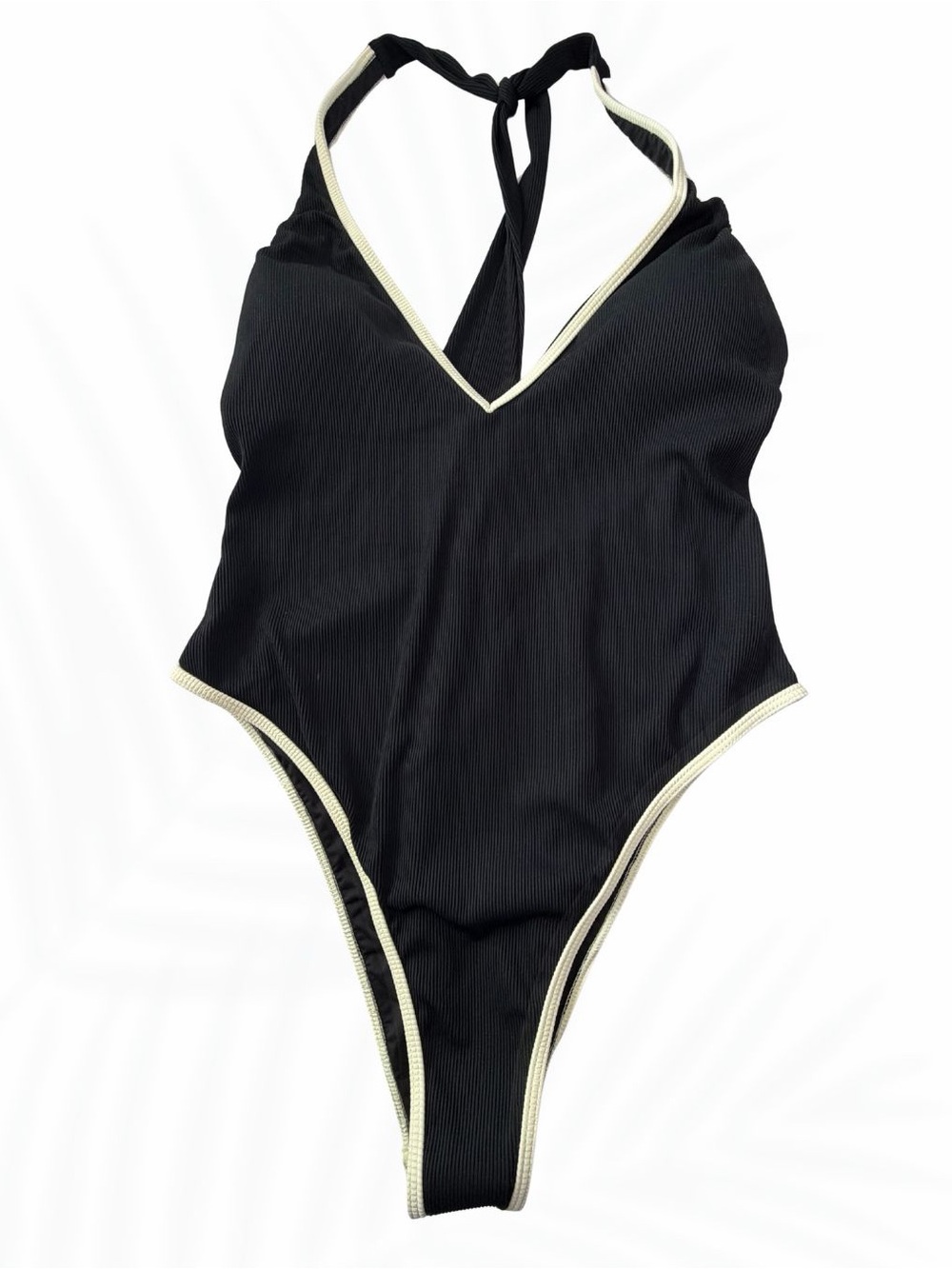 L*Space Black Ribbed Halter One-Piece Swimsuit with Contrast Trim NWT
